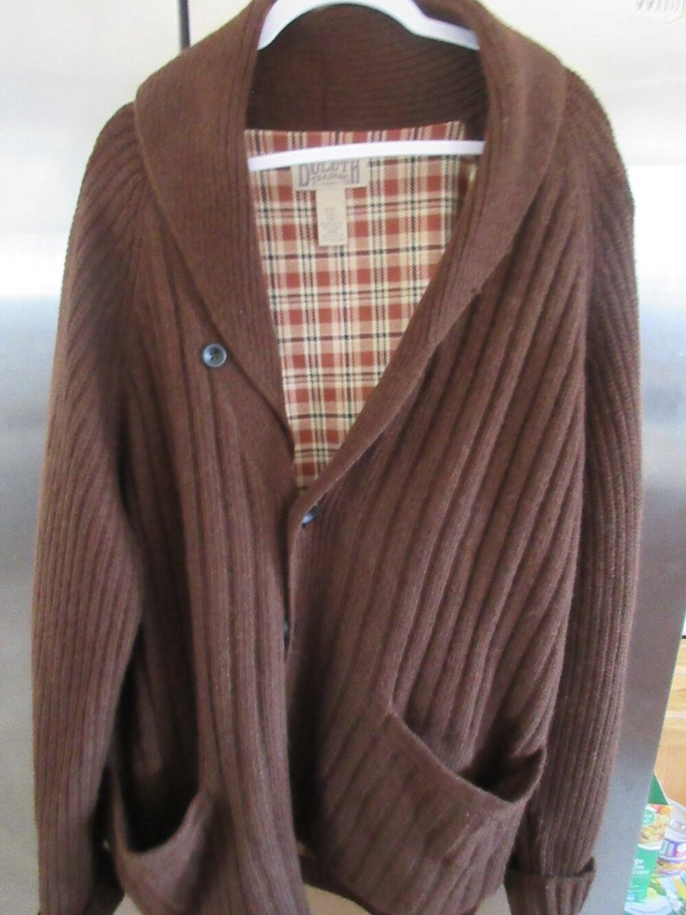 Duluth Trading Co Cardigan Sweater Mens L Brown Wool Alpaca Lined Shawl Collar